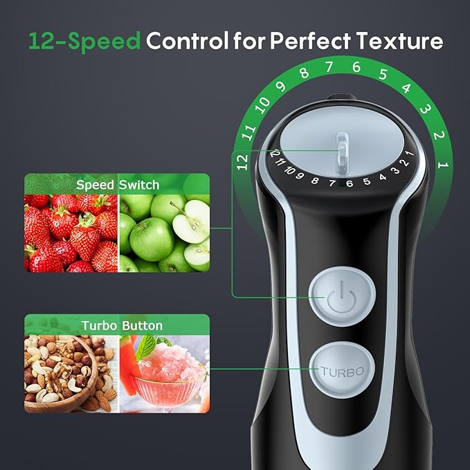 FRESKO Immersion Blender Handheld, Stainless Steel Hand Electric Stick Mixer with 12-Speeds & Turbo Mode, Powerful 500W Emulsion Blender with Beaker, Chopper & Whisk for Smoothie, Puree, Baby Food