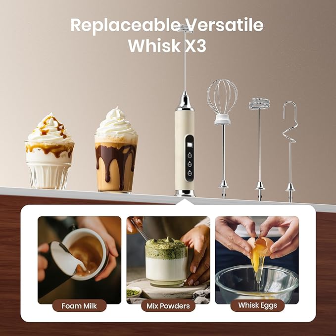 YUSWKO Beige Milk Frother Wand for Coffee, Handheld Coffee Frother, Rechargeable Drink Mixer, Waterproof Electric Whisk