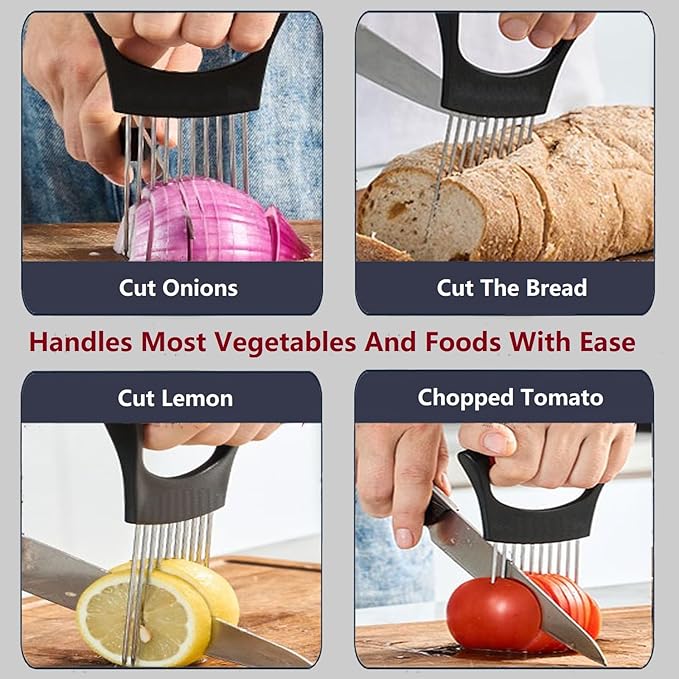 Upgraded Stainless Steel Lemon Slicer Onion Cutter, Onion Holder for Slicing, Vegetable Cutter Kitchen Chopper Slicing Assistant Tool for Potato and Tomato Avocados Eggs Meat (1, Black Red)
