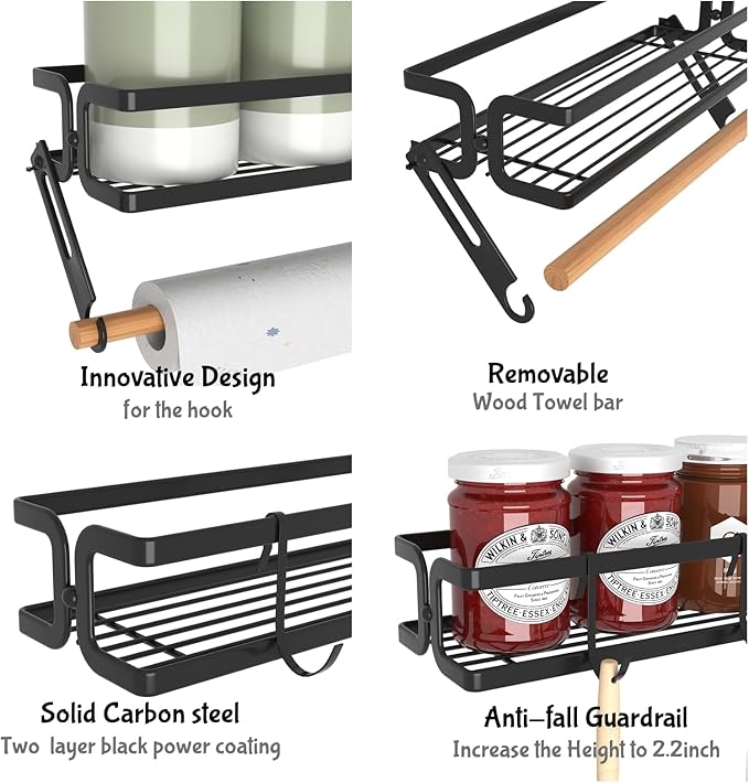 3 Pack Spice Rack Wall Mount with Paper Towel Holder and Hooks, Screw or Adhesive Hanging Spice Shelf, Space Saving Spice Organizer for Seasonings, Spice Racks for Stove Rv Cabinet Black