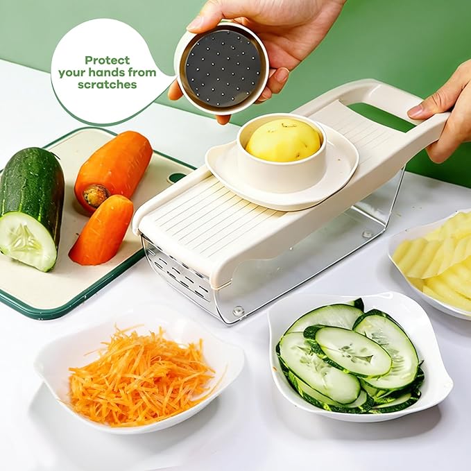 6-in-1 Mandoline Slicer for Kitchen, Food-Grade Veggie Cutter with Drainage Container, Stainless Steel Blades, BPA-Free & Non-Slip, White Plastic/Stainless Steel Options (white)