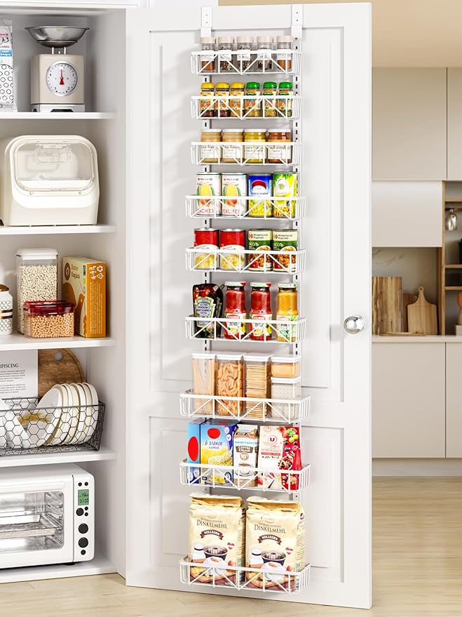 Delamu Narrow 9-Tier Over the Door Pantry Organizer, Adjustable Pantry Storage, Metal Hanging Spice Rack, Cabinet Door Organizer for Kitchen, Bathroom, Laundry Room, 12.5" White