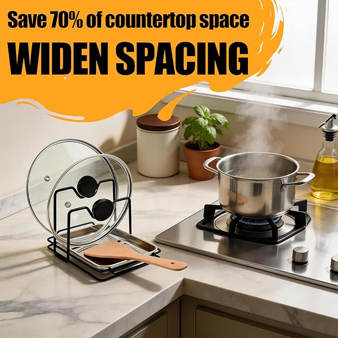 Pot Lid Holder While Cooking, 304 Stainless Steel Spoon Rest with Lid Holder for Countertop, Multifunctional Pan Lid Storage and Utensil Organizer for Stove Top