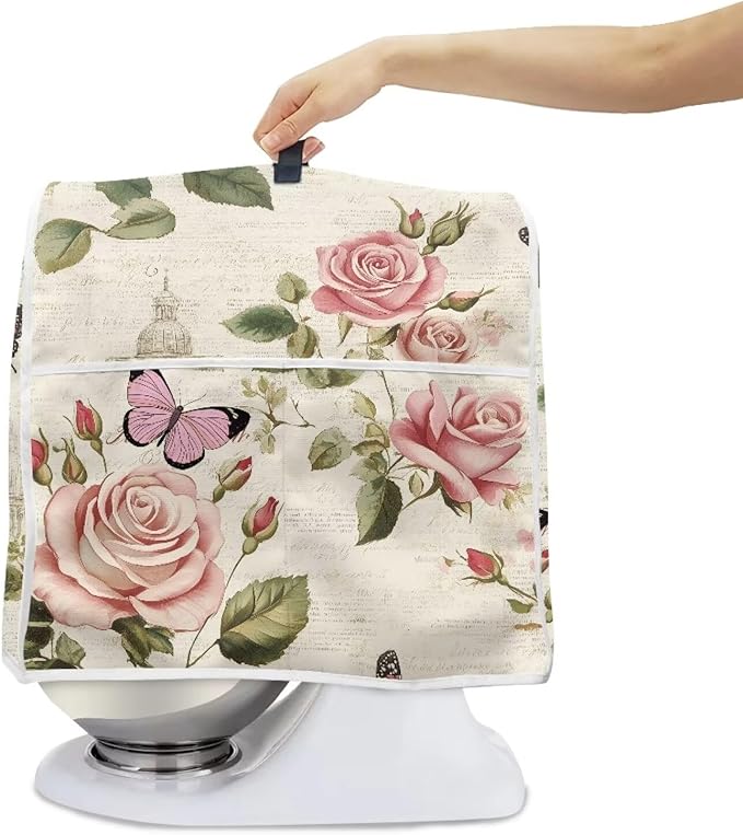 Pink Floral Butterfly Stand Mixer Cover Compatible with 6-8 Qt Blenders Machine Washable Kitchen Mixer Covers with Top Handle and Pockets for Counter Decor Housewarming Gifts