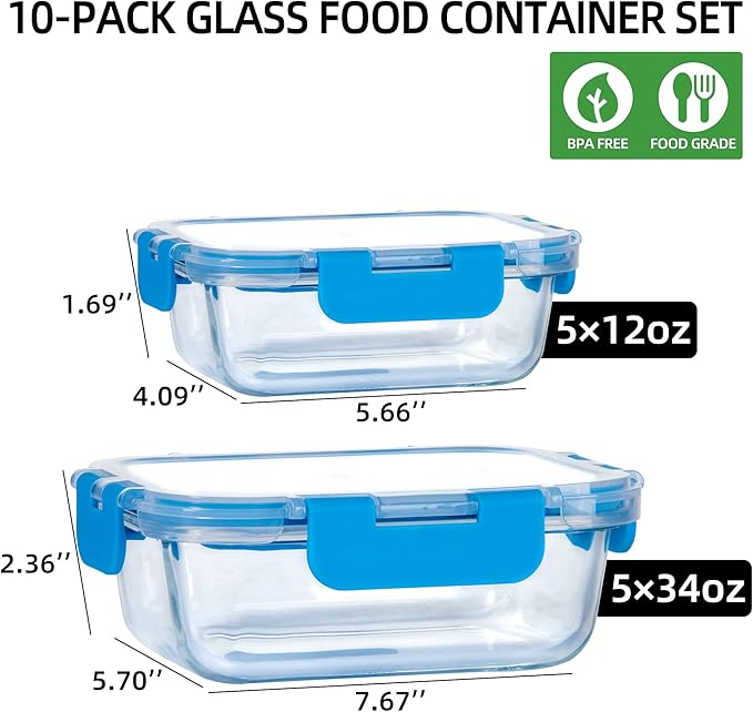 UMEIED 10 PACK Glass Food Storage Containers with Leak Proof Lids, Glass Airtight Meal Prep Containers Set for Lunch, On the Go, Leftover, Kitchen Pantry Organizers and Storage (Blue)