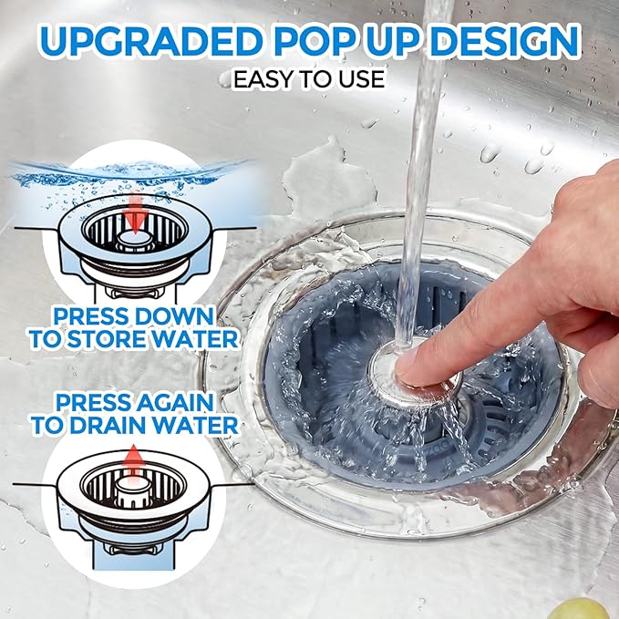 Sink Drain Strainer - Sink Stopper Kitchen Drain, 3 in 1 Kitchen Sink Drain Strainer with Anti-Clogging Basket, Kitchen Gadgets Clearance Sink Accessories, Fit US Standard 3-1/2'' Sink Hole, Silver