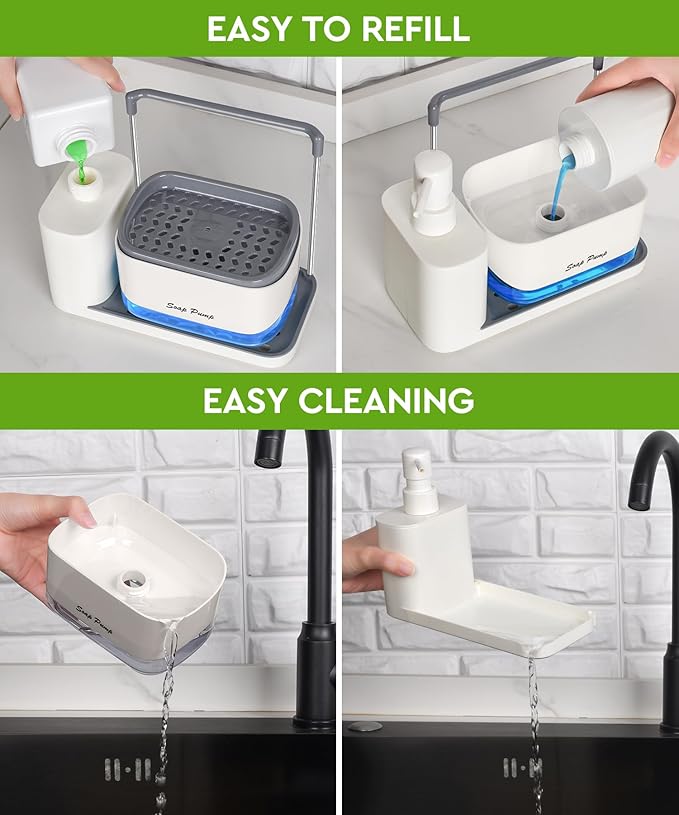 Hand and Dish Soap Dispenser Set with Tray, Dual Soap Dispenser with Sponge Holder and Dishcloth Holder 5-in-1 Organizer for Kitchen Sink Countertop Storage Organize - Useful Kitchen Gadgets (White)