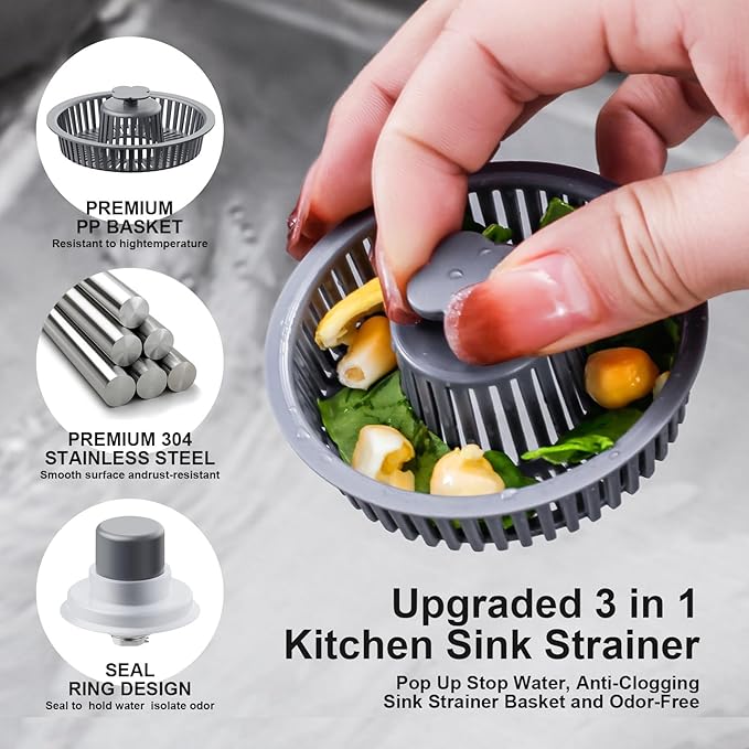 3 in 1 Kitchen Sink Drain Strainer and Stopper, 304 Stainless Steel Pop-up Anti-Clogging Basket Strainer, Fast Drainage Kitchen Sink Plug for Standard 3-1/2" Drain Hole