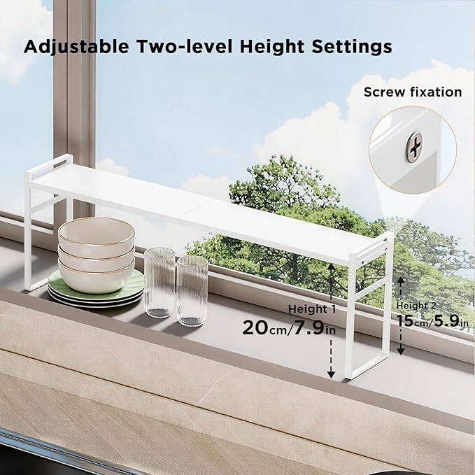 2 Tier Expandable Stackable Narrow Shelf Organizer, Tall Countertop Organizer for Tight Spaces, Windowsill Plant Stand, Over-Sink/Faucet Shelf, Kitchen Storage, Bathroom Vanity, Laundry Room (White)