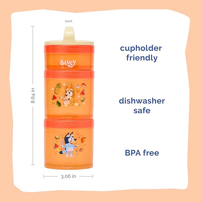 Whiskware Bluey Stackable Snack Containers for Babies, Toddlers, and Kids, 3 Stackable Snack Cups for School and Travel, Cupholder Friendly, Bluey and Bingo! Hooray Snacks!