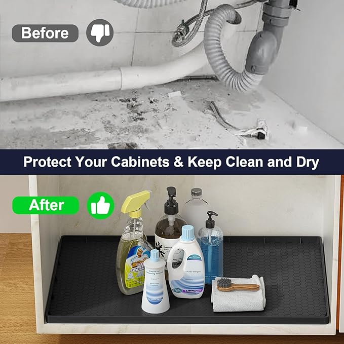 Under Sink Mat - 25" x 19" Waterproof Kitchen Cabinet Mat - Flexible Silicone Under Sink Liner - Kitchen Bathroom Cabinet Mat and Protector for Drips Leaks Spills (Black)