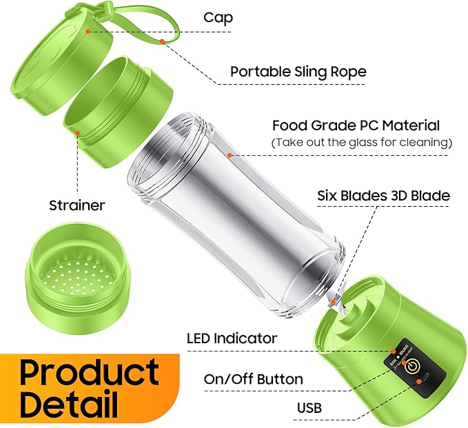 Cordless Portable Personal Size Blender - 12 Oz Mini Blender Make Smoothies and Shakes, Cordless Lightweight Rechargeable, Freshly Squeezed in Picnic/Sports/Office