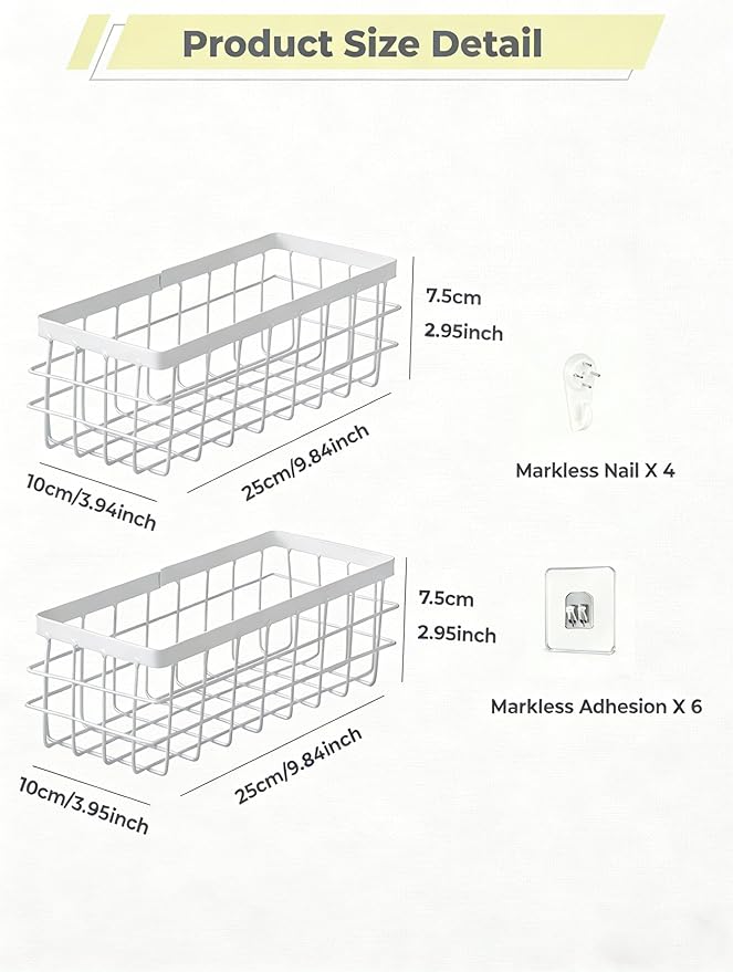 2 Pack Hanging Wire Storage Baskets, Metal Wall Organizer, Adhesive Wall Storage Shelves for Kitchen, Bathroom Pantry (Spice Rack, Cabinet Organizer, Shower Caddy) White
