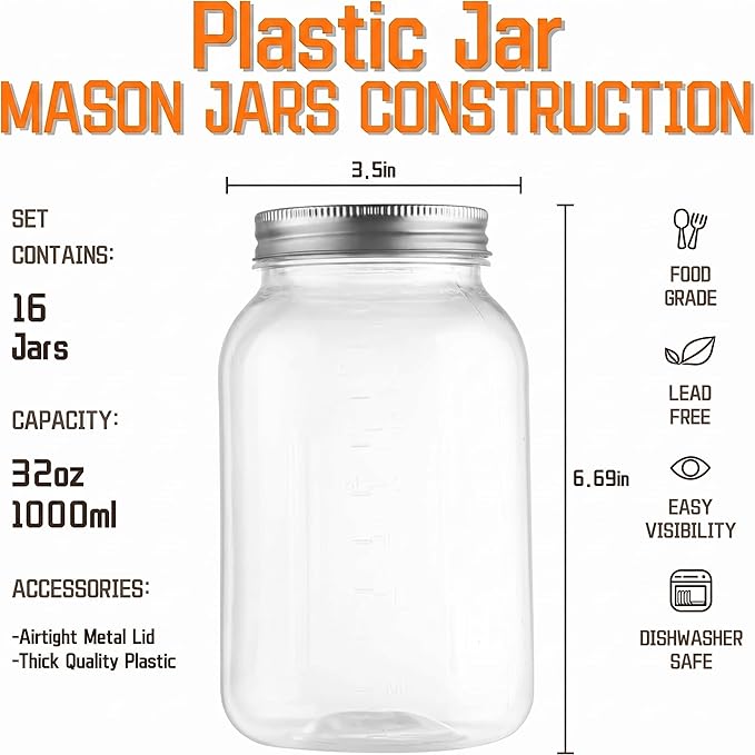 novelinks 32 oz Mason Jars with Plastic Lids, 16 Pack Large Plastic Salad Jars with Lids 32oz, Reusable Spice Containers & Kitchen Jars for Pantry Organization (16 Pack,Silver)