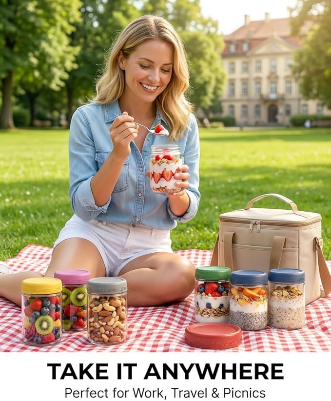 16oz 4Pack Glass Overnight Oats Jars Containers with Airtight Leakproof Lids, Reusable Mason Jars for Meal Prep, Yogurt Parfaits, Smoothies, Salads & Healthy Breakfasts (16 OZ-4-1)