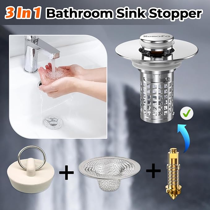 Bathroom Sink Drain Strainer, Stainless Steel Pop-up Strainer Basket Hair Catcher with Removable Basket, Brass Bullet Core, Universal Fit 1.1-2.36 Inch (4PCS)