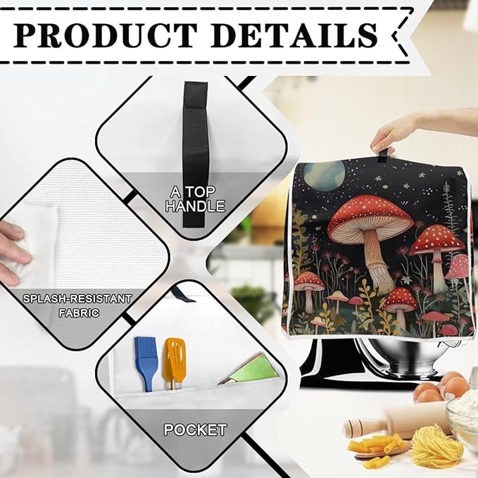 Moon Mushroom Mixer Cover Portable Stand Mixer Protector with Pockets Kitchen Appliance Cover for 4.5-5 Quart Coffee Makers & Juicers