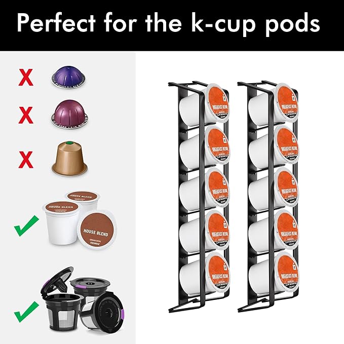 KES Coffee Pod Holder for Keurig, Side Mount Coffee Pod Holder Adhesive, Sturdy Metal K Cup Organizer and Storage, Matte Black, 2 Pack/For 10 K Cups, KCPH500-BK-P2