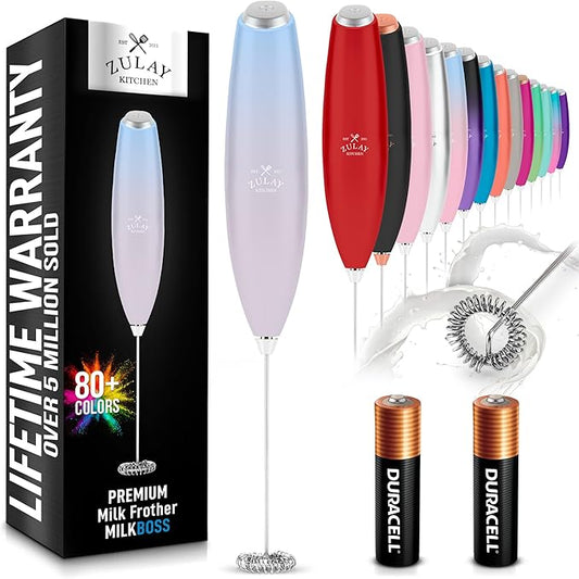 Zulay Kitchen Milk Frother Handheld Electric Whisk with AA Duracell Batteries – Durable Drink Mixer for Coffee, Lattes, Cappuccinos & More - Cloud