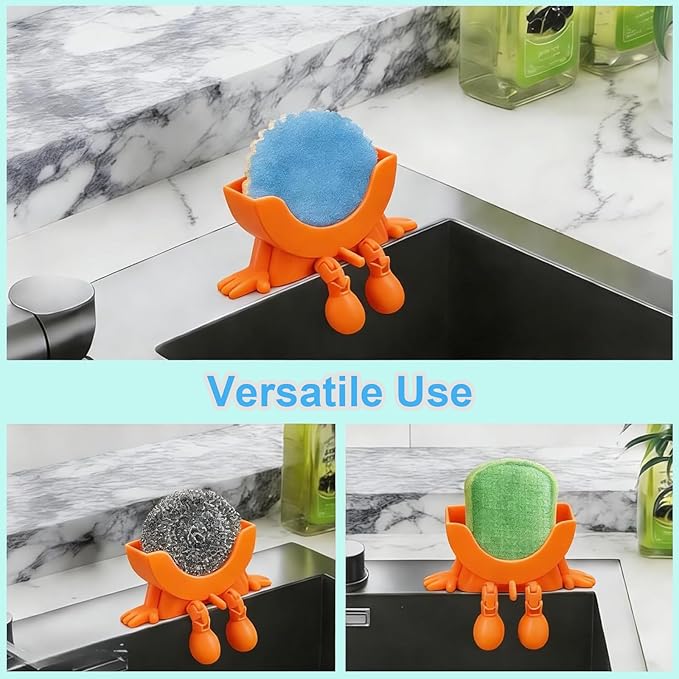 Cute Hanging Sponge Holder with Drainage, 3D Printed Sink Rack with Legs and Handles, 3D Printing Funny Countertop Sponge Holders for Kitchen Sink Draining (Orange)