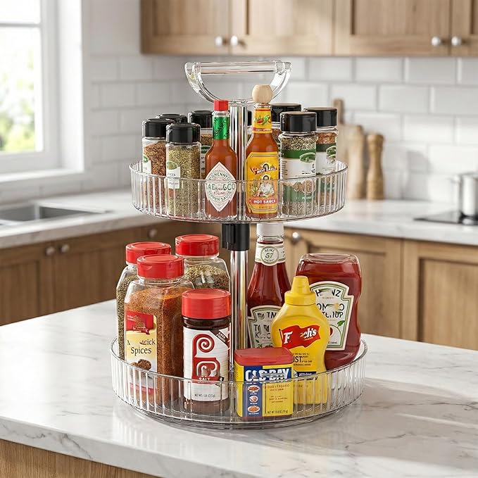 Lazy Susan Organizer – 2 Tier Rotating Spice Rack Turntable, 11.4" Plastic Spinning Organizer for Kitchen Cabinet Pantry Countertop Cupboard Bathroom Storage, Clear
