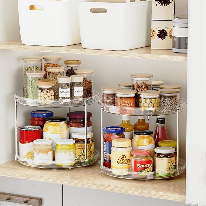 2 Pack 2 Tier Lazy Susan Organizer, 9.25'' Lazy Susan Turntable for Cabinet, Stackable Turntable Organizer Rotating Spice Rack Organization for Kitchen Countertop, Pantry, Bathroom, Clear
