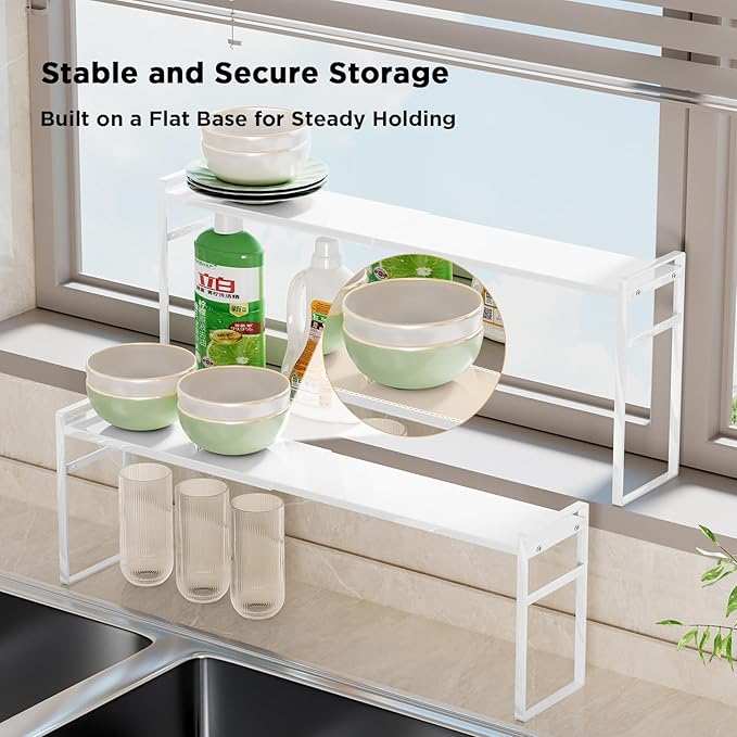 Expandable Narrow Shelf Organizer, Tall Countertop Organizer for Tight Spaces, Windowsill Plant Stand, Over-Sink/Faucet Shelf, Kitchen Counter Storage, Bathroom Vanity, Laundry Room (White)
