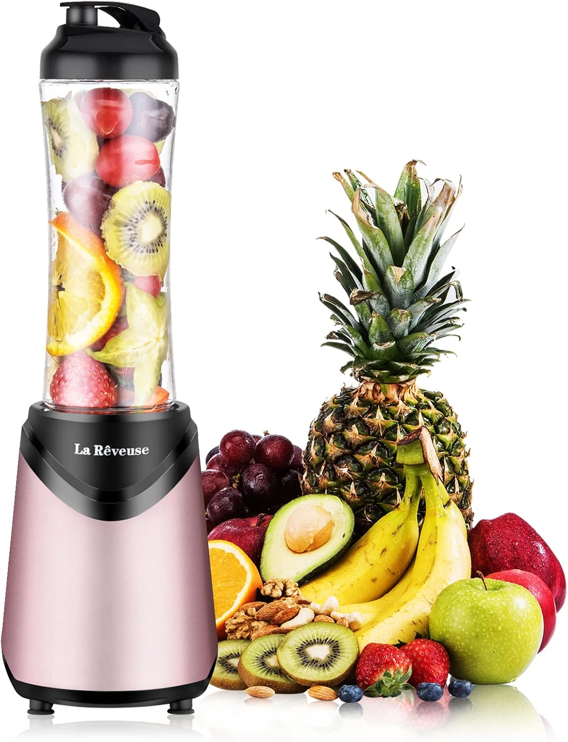 Smoothies Blender Personal Size 300 Watts with 18 oz BPA-Free Portable Travel Sports Bottle (Pink)