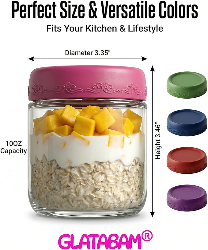 10 OZ 4Pack, Overnight Oats Jars with Lids, Glass Meal Prep Containers, Airtight Mason Jars for Breakfast, Yogurt Parfait, Salad & Smoothies, Leakproof and Reusable Food Storage Jars(4-1)