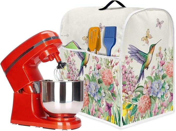 Spring Hummingbird Mixer Cover | Lightweight Dust Protector with Handle & Pockets | Compatible with 4.5-5 Quart Coffee Makers & Kitchen Mixers