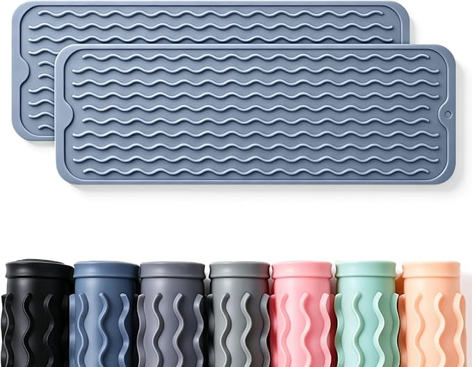 CAKETIME 2 Pack Silicone Dish Drying Mat for Kitchen Counter Heat Resistant Multiple Usage Bathroom Countertop Uner Sink Area Faucet Drainer Organizer Must Haves 2026 Necessities 17inchx6inch Blue