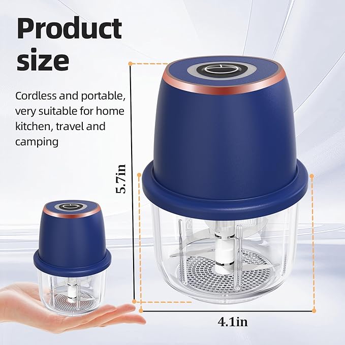Electric Garlic Chopper, Mini Food Processor & Vegetable Chopper, 350ml Portable Cordless USB Rechargeable Garlic Chopper, Mini Chopper for Onion, Herb, Nut, Easy to Clean Glass Container（Blue）