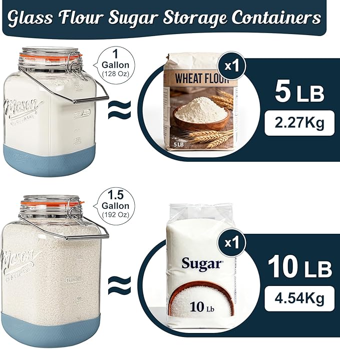 2 Pack Square 1 Gallon Glass Jar with Airtight Lid, Large Mason Jars Wide Mouth 128 Oz with Scale Marks & Handle, Glass Storage Containers with Anti-slip Base for Flour, Oat, Wheat, Cookie Jar