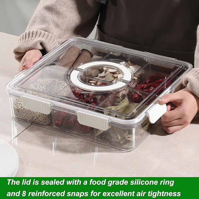 Taiuloo Divided Serving Tray with Airtight Lid and Handle, 6 Compartment Snackle Box Container, Portable Snack Platters, Clear Fridge Organizer & Food Storage for Veggie, Fruit, Charcuterie, Nuts