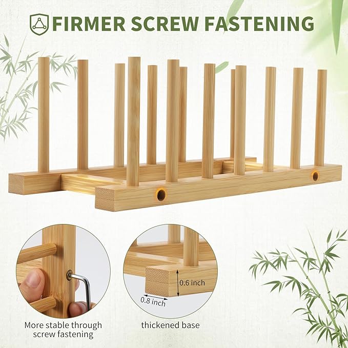 DEBETOOL 2 Pack Wooden Dish Rack Holder - Bamboo Plate Organizer for Cabinet Dishes Pots Lid & Cutting Boards, Kitchen Cabinet Space Saving Storage Solution