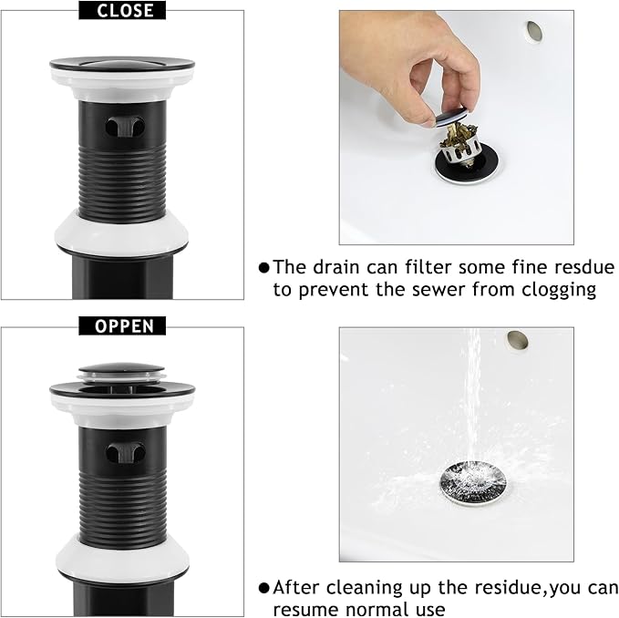Bathroom Sink Drain,2 Pack Drain Stopper with Overflow,Small Cap Pop Up Drain Assembly with Detachable Strainer Basket,Built-in Anti-Clogging, Stainless Steel Nut Matte Black