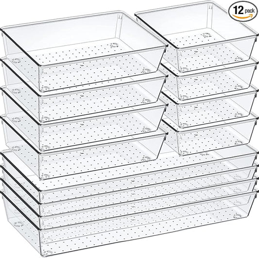 12 Pack Clear Plastic Drawer Organizer Set