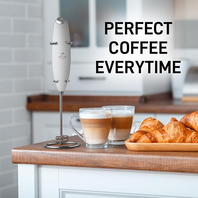 Zulay Kitchen Powerful Milk Frother Wand With Duracell Batteries - Ultra Fast Handheld Drink Mixer - Electric Whisk Foam Maker for Coffee, Lattes, Cappuccino & Matcha - Double Whisk - White