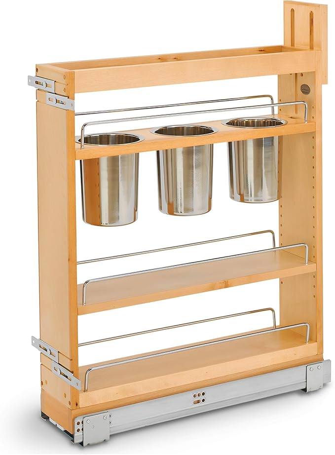 Rev-A-Shelf Maple Pullout Utensil Organizer with 3 Bins & BLUM Soft-Close Full Extension Slides, for Full-Height Base Cabinets, Adjustable Shelves, Min Opening Width of 5.5", 448UT-BCSC-5C