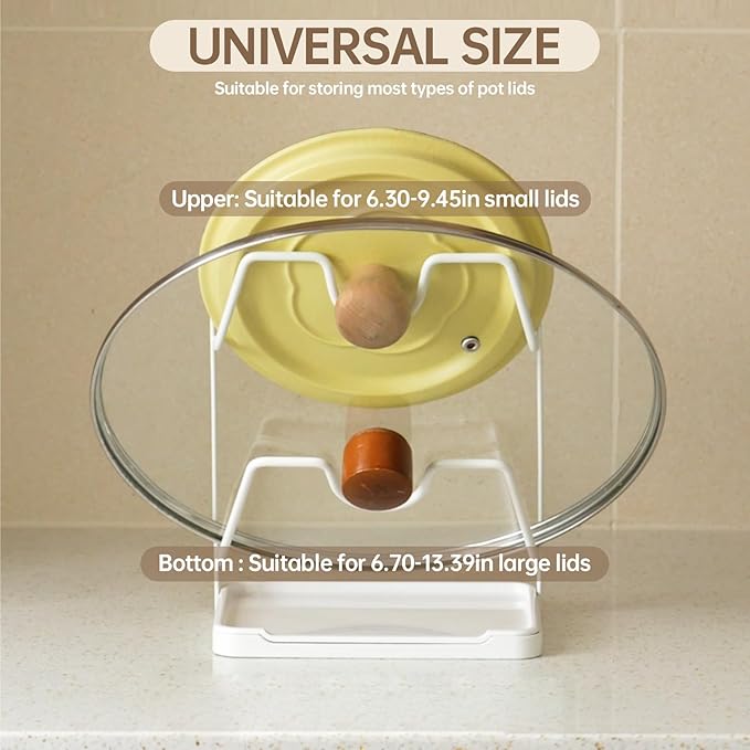 PAVSTINE Pot Lid Holder, 2 Tier Pan Lid Holders While Cooking, Lid and Spoon Rest for Kitchen Counter, Pot Lid Organizer Stand with Drip Tray, Pot Lid Rack Kitchen Utensil Holder Rest, White
