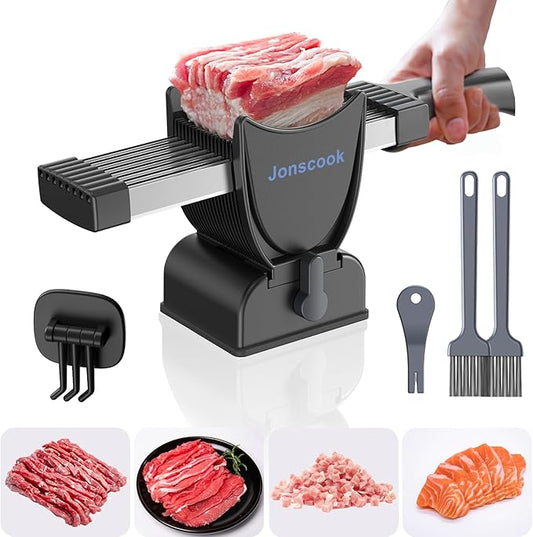 Fresh Meat Slicer, Manual Fresh Meat Cutter, Meal Prep, Adjustable Thickness 2mm or 4mm, 17 Blades get 18 Meat Slices, Meat Cleavers can be Sliced, Striped, Diced -Black