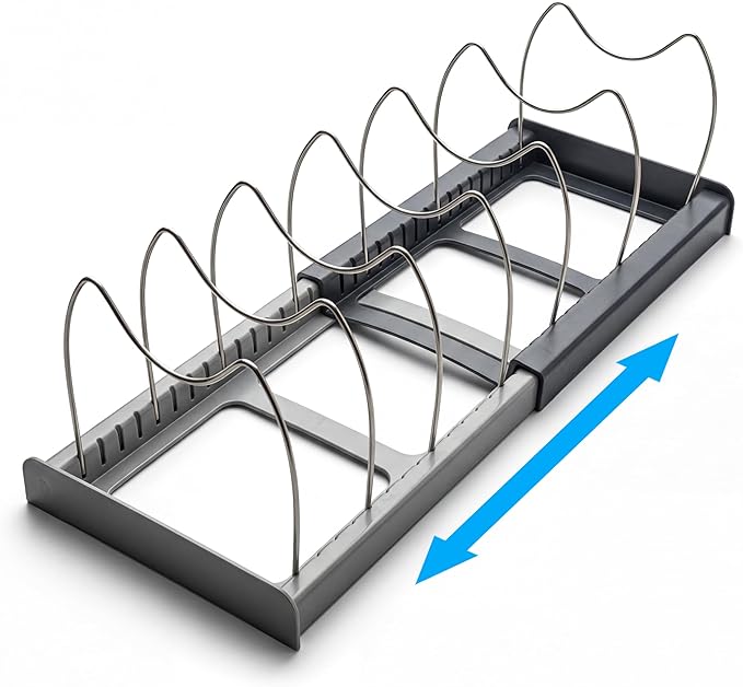OMIO Expandable Pot Lid Organizer Rack for Under Cabinet, Adjustable 12"-22" Kitchen Storage with 7 Steel Dividers, Scratch-Resistant ABS Base for Pans, Cutting Boards, Bakeware, Grey