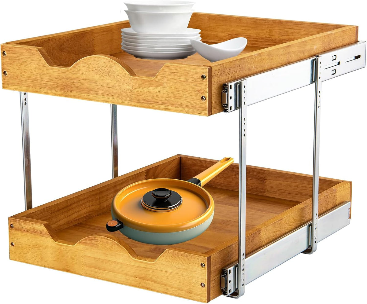 2 Tier Wood Pull Out Cabinet Organizer (17" W x 18" D) Heavy-Duty Metal Sliding Drawer Shelf, Two Tier Pull Out Shelves for Kitchen Cabinets, Pantry, Bathroom…