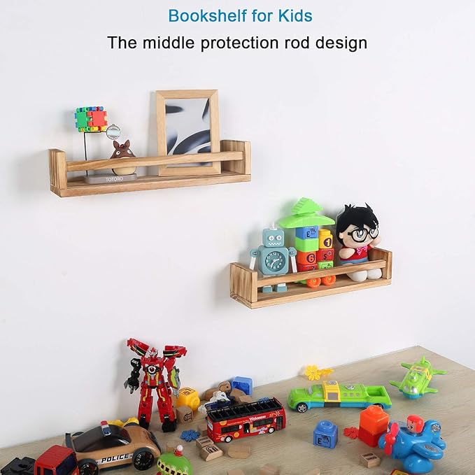JORIKCHUO Nursery Book Shelves, Set of 2 Wood Floating Book Shelves for Kids Room, Kitchen Spice Rack, or Rustic Wall Mounted Shelves for Farmhouse Bathroom Décor (carbonized)
