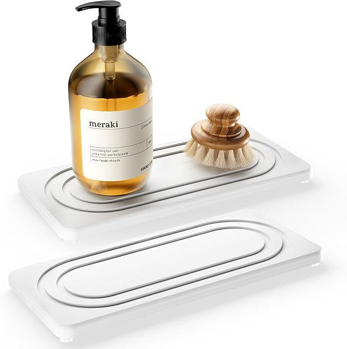 Water Absorbing Stone Tray, Quick Drying Diatomite Bathroom Tray Countertop, Stone Drying Mat for Kitchen Counter, Soap Dish Dispenser Vanity Organizer, White-B-8.3" x 4"