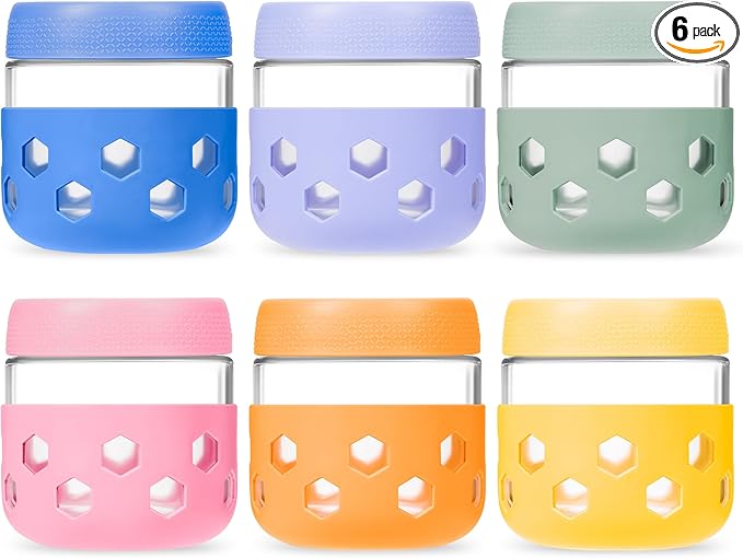 Gemice 6-Pack 10oz Glass Mason Jars with Silicone Sleeves, Airtight BPA-Free Overnight Oats Containers with Lids, Dishwasher Safe Leak-Proof Meal Prep Jars for Chia Pudding, Yogurt, Snacks