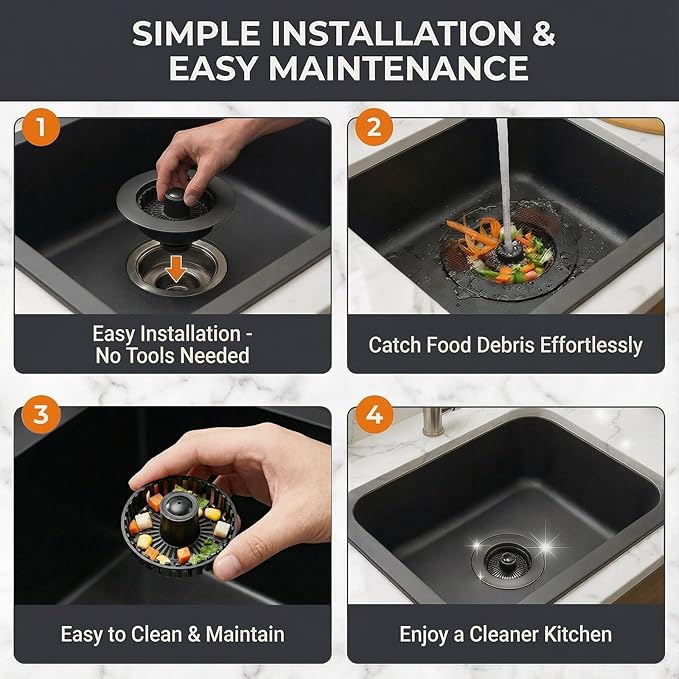 Kitchen Sink Stopper, 3 in 1 Pop Up Kitchen Sink Drain Strainer, with an Extra Basket Strainer, Sink Drain Stopper for US Standard 3-1/2 Inch, Brass Material Electroplate (Black)