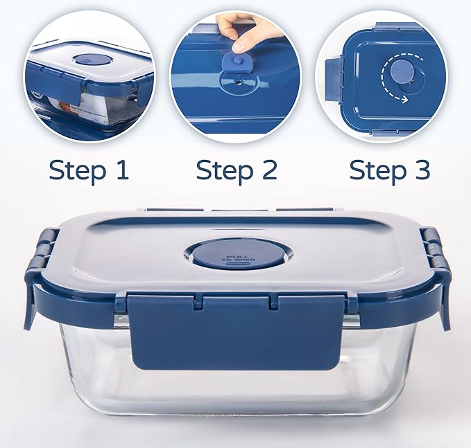 Glass Food Storage Containers 10 Pack, Meal Prep Containers with Snap Locking Lids Airtight Built in Air Vents, Glass Lunch Containers, Microwave/Dishwasher Safe, Navy Blue