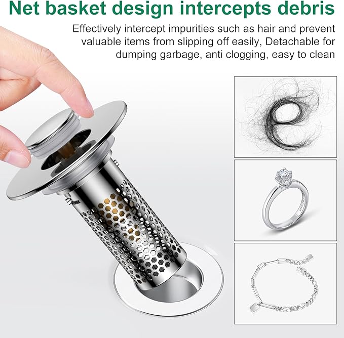 Bathroom Sink Drain Strainer,Universal Pop-Up Sink Stopper Hair Catcher, Anti-Clog Stainless Steel Drain Filter Basket, Removable Sink Drain for Bathroom Sink Stopper (YSilver-2（with Buckle）)