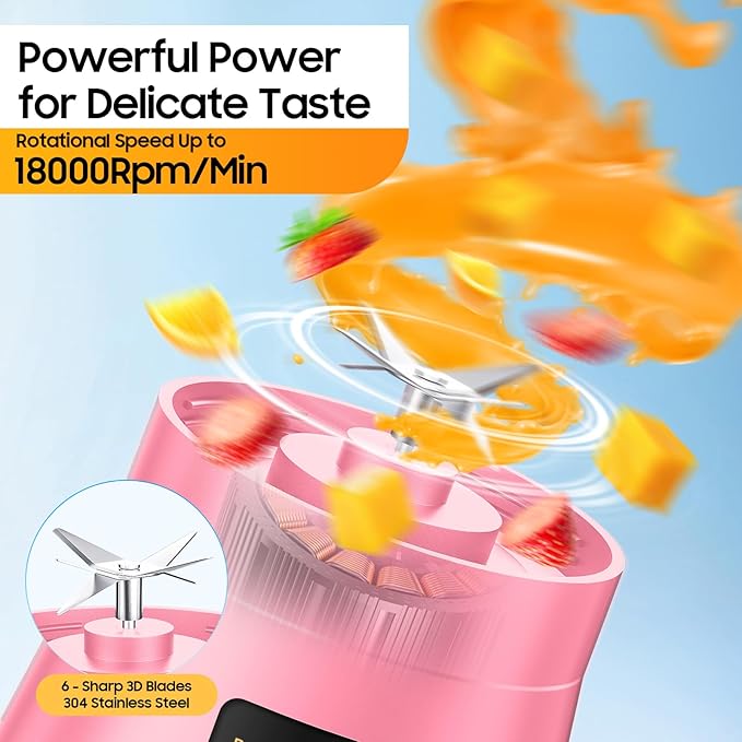 Cordless Portable Personal Size Blender - USB Rechargeable Blender for Smoothies and Shakes, 6 Blades with 380Ml BPA Free Juice Cup, Freshly Squeezed for Picnic/Sports